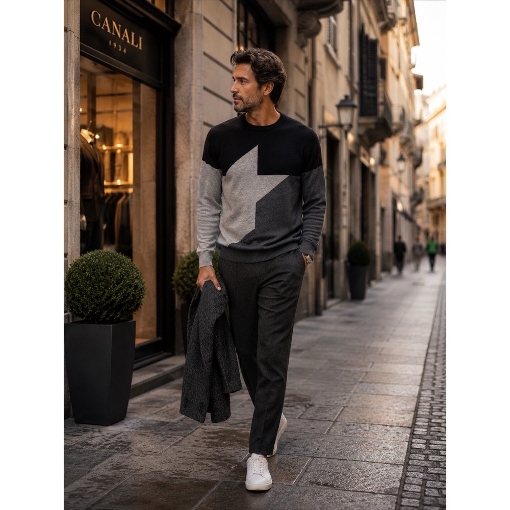 Canali‎ Black Edition Sweater 54 XL Gray Black Star Crewneck Merino Wool Italy
